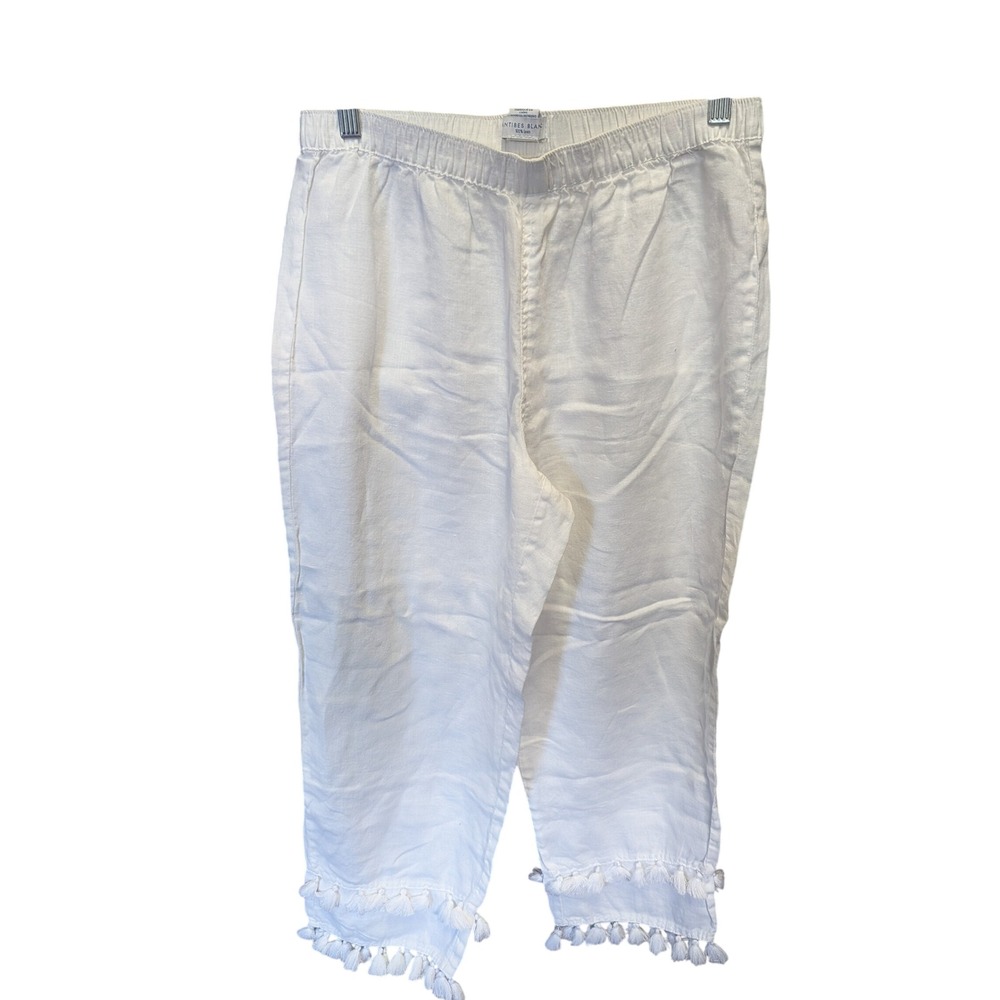 Antibes Blanc Womens White 100% Linen Tassel Hem Cropped Capri Pants Size Medium